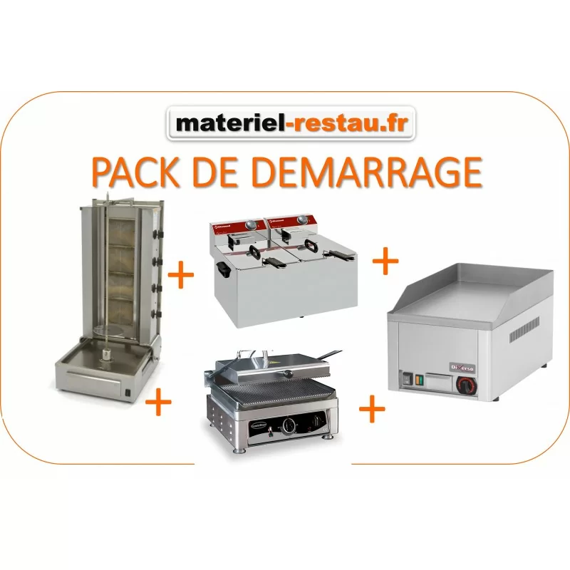 Pack de démarrage KEBAB: 1friteuse 2*7l 230v + 1 grill panini 40cm 230v+1 machine à kebab 4 feux GAZ+ 1 plaque 30*60cm 230v