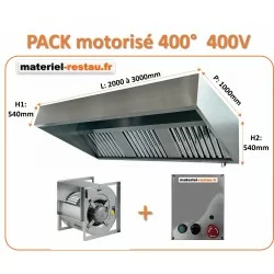 Pack 400° Hotte inox pro de 2.5 m à 3 m + Moteur 400° 3500m3/h 230v+ Variateur 230v