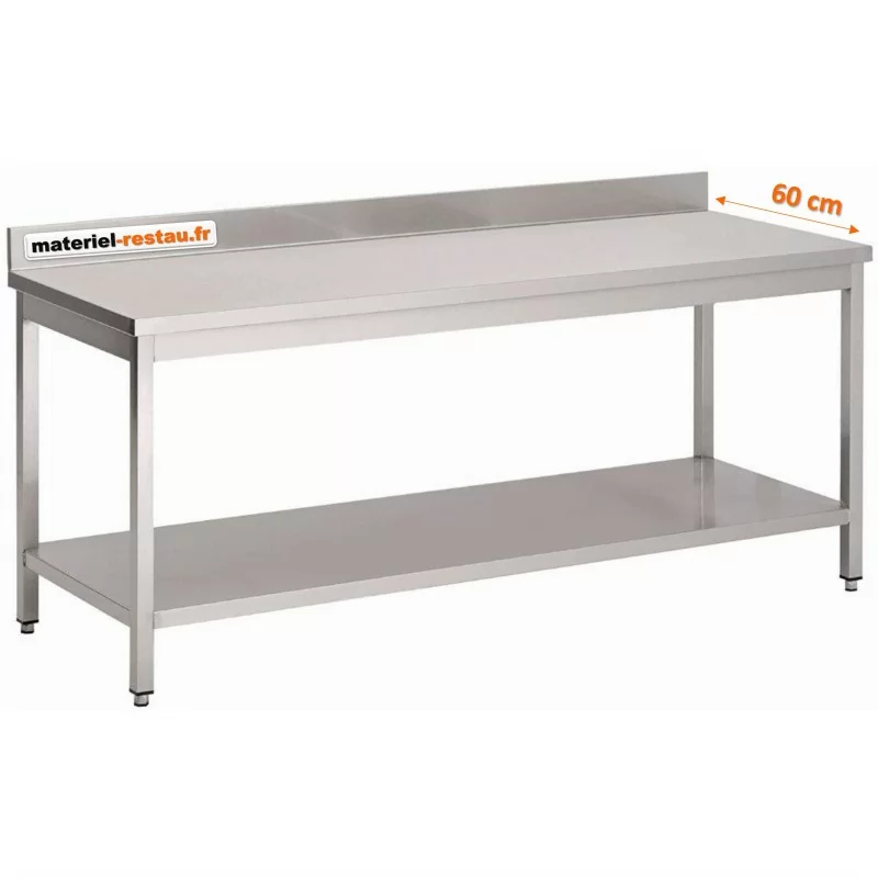 Table inox professionnelle avec dosseret et étagère basse 2000x600mm